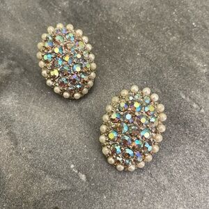 Vintage Blue Rhinestone Pearl Earrings